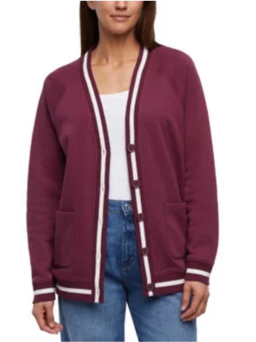 NWOT-GAP Women’s Varsity Cotton Sweater – Burgundy with white trim.